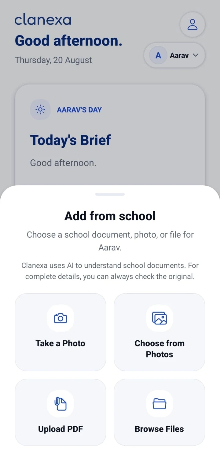 Clanexa capture sheet showing ways to add a school document, photo, PDF, or file.