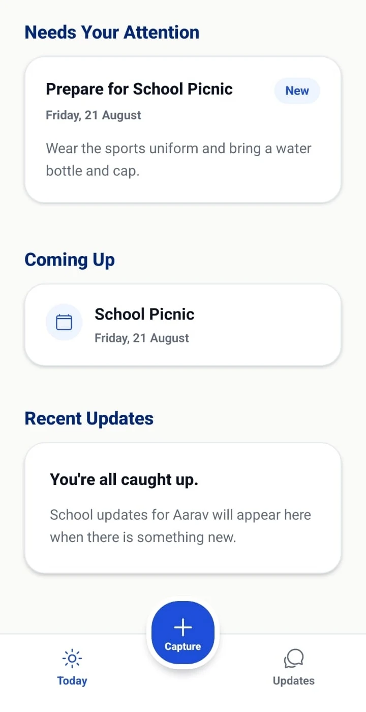 Clanexa Today screen showing Needs Your Attention, Coming Up, and Recent Updates.