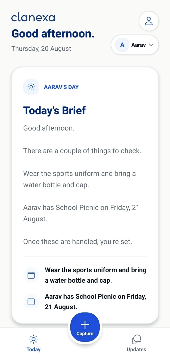 Clanexa Today screen showing Today's Brief for Aarav.